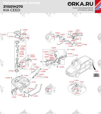 Пластиковый бензобак Kia Ceed / Hyundai Elantra, i30, 2007-2012 г.в., 2012-2018 г.в. (NB) - 53 л.